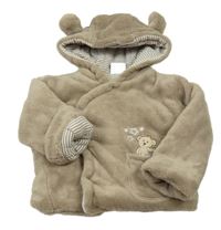 Béžový chlupatý zateplený kabátek s medvedíkom a kapucňou