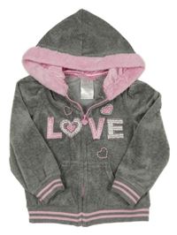 Šedo-růžová sametová propínací mikina s nápisem a kapucí 