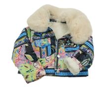 Farebná vzorovaná šušťáková zateplená crop bunda s kožušinovým golierikom SHEIN