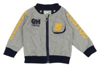 Sivo-tmavomodrá melírovaná prepínaci mikina s číslom a nápismi