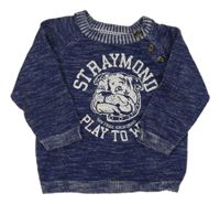 Tmavomodrý melírovaný sveter s buldokem a nápismi H&M