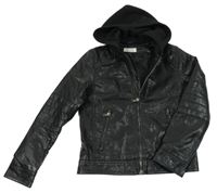 Černá koženková jarní bunda s odepínací kapucí H&M