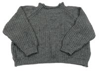 Tmavosivý melírovaný rebrovaný pletený oversize crop sveter