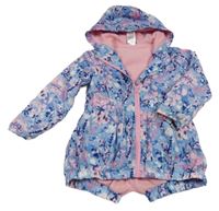 Modrá šusťáková jarní parka s kytičkami a větvičkami a kapucí e-vie angel