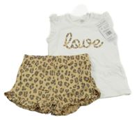 Nové - 2Set - Bílé tričko s nápisem a volánky + béžovo-hnědo-tmavošedé kraťasy Fred Perry