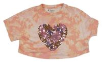 Korálovo-světlerůžovo-žluté batikované oversize crop tričko se srdíčkem z flitrů Next