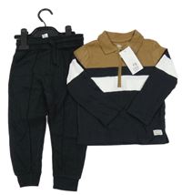 Nové - 2Set - Černo-bílo-hnědé triko s nášivkou a límečkem + černé tepláky F&F