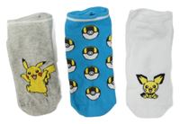 3x - Ponožky s pokémony - Šedé melírované, modré, bílé