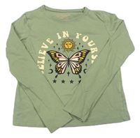 Zelené crop tričko s nápismi a motýlom Primark