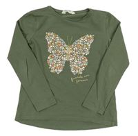 Khaki tričko s motýlem z květů zn. H&M
