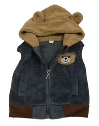 Antracitovo-hnedá sametovo/chlupatá vesta s medvěďom a kapucňou