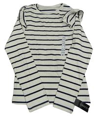Nové - Smetanovo-tmavomodré pruhované rebrované tričko s volánikmi Dunnes