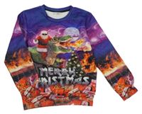 Fialovo-farebná mikina so Santou a dinosaurom