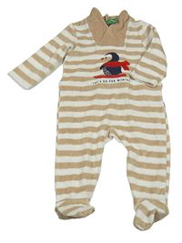 Nové - Pískovo-bílý pruhovaný sametový overal s tučňákem Obaibi