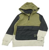 Kaki-antracitovo-béžová mikina s vreckom a kapucňou George