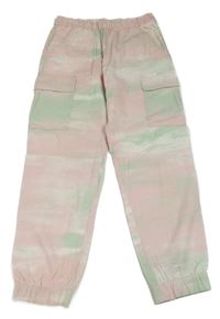 Růžovo-mátové batikované plátěné cargo cuff kalhoty H&M