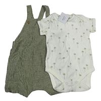 Nové - 2set - Khaki-smetanové pruhované lněné podšité laclové kraťasy + smetanové body s palmami Next