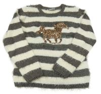 Hnedo-biely pruhovaný chlpatý sveter s koněm z flitrů Yigga
