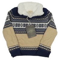 Nové - béžovo-tmavomodrý vzorovaný zateplený svetr 