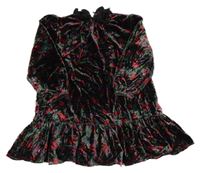 Zeleno-čierno-červené kvetované zamatové šaty dunnes