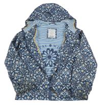 Tmavomodrá květovaná šusťáková jarní bunda s ptáčky a kapucí Fat Face