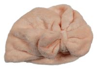 Světlerůžová chlupatá turbanová čepice s mašlí 