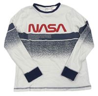 Bielo-tmavomodré tričko so škvrnami a nápisem NASA H&M