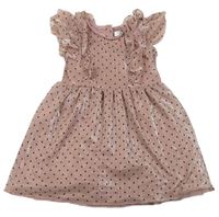 Starorůžovo-strieborné bodkovaná é rebrované šaty s volánikmi zn. PRIMARK