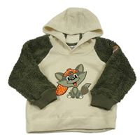 Bílo-khaki fleecovo/chlupatá mikina s liškou a kapucí Ergee