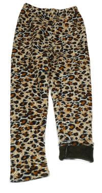Bílo-hnědo-černé plyšové zateplené legíny s leopardím vzorem
