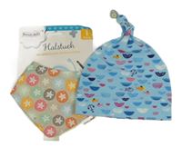 Nové - 2set - Modrá čepice s rybami + béžovo-barevný slinták s hvězdami 