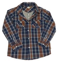 Tmnavomodro-hnědo-bílá kostkovaná podšitá košile Oskar´s