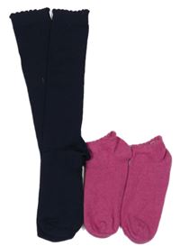 2set - Tmavomodré podkolenky + fuchsiové kotníkové ponožky 