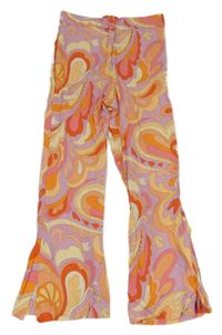 Růžovo-oranžovo-fialovo farebné vzorované ľanové bootcut nohavice Zara