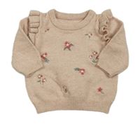 Starorůžový melírovaný svetr s výšivkami květů a volánky George