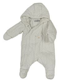 Bílá puntíkatá šusťáková zimní kombinéza s tučňákem a kapucí 