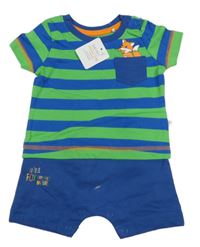 Nové - Modro-zelený pruhovaný kraťasový overal s liškou Liegelind