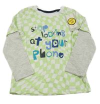 Nové - Bílo-zelené kostkované triko s nápisem a šedými rukávy Tu