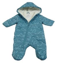 Modrá šušťáková prešívaná zimná kombinéza s dinosaurami a kapucňou Primark