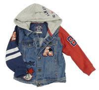 Modro-červeno-šedá riflovo/tepláková bunda s kapucí Next 