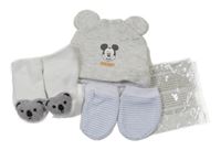 Nové - 3set - Sivá melírovaná čapica s Mickeym + pruhované rukavice + biele ponožky s medvedíkom