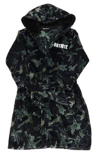 Tmavomodrý plyšový župan s Fortnite a kapucí