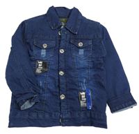 Tmavomodrá tepláková rifľová zateplená bunda s nášivkami