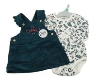 Nové - 2Set - Smaragdové menšestrové šaty s vtáčky a volánky + biele body s větvičkami so cute