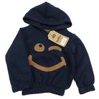 Nové - tmavomodrá tepláková mikina so smajlíkom a kapucňou