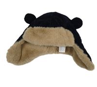 Tmavomodrá manšestrová zateplená beranice s kožešinou a oušky PRIMARK