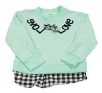 Mátová mikina s nápisom a mašlou a všitou černo/bílou kostkovanou halenkou