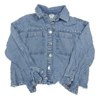 Modrá plesňová rifľová crop bunda s kamienkami a golierikom RIVER ISLAND