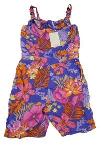 Nové - tmavofialový letný overal s kvetmi a lístečky a volánikmi Monsoon