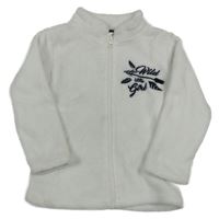 Biela plyšová bunda s nápismi a šípom lupilu